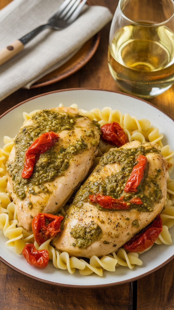Creamy Pesto Chicken with Sun-Dried Tomatoes Creamy Pesto Chicken with sun-dried tomatoes on a plate, garnished with basil, served over pasta.
